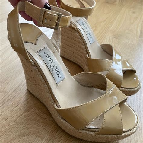 Jimmy Choo Wedge Espadrille With Nude Patent Leather Gem