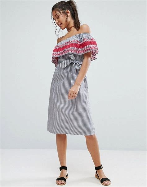 Asos Off Shoulder Midi Sundress In Stripe Cotton With Embroidery