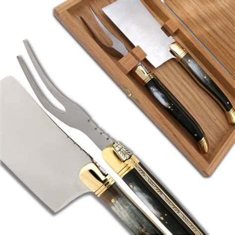 Laguiole Cheese Knife Set With Black Horn Handle And Brass Bolsters