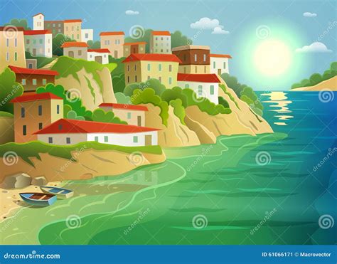 Coastal Sea Village Living Colorful Poster Stock Vector Illustration