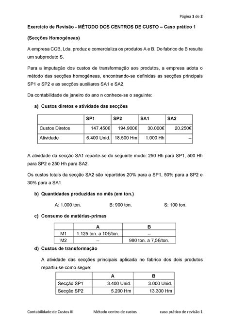 Caso Pr Tico Revis O Centro De Custos P Gina De Contabilidade