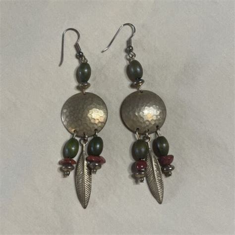 Vintage Dangle Drop Earrings Metal Wood Beads Feather Boho EBay