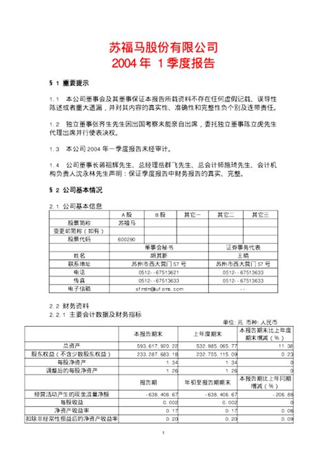 华仪电气：苏 福 马2004年第一季度报告