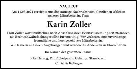 Traueranzeigen Von Karin Zoller Augsburger Allgemeine Zeitung