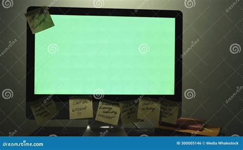 Stylish And Creative Desk With Computer Green Screen And Many Sticky Notes Office Accessories