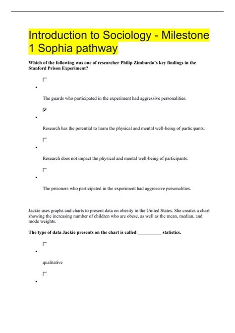 Introduction To Sociology Milestone 1 Sophia Pathway Questions And