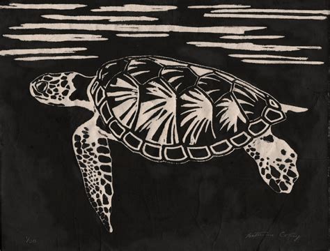 Sea Turtle Original Linocut Blue Green Or Ivory Etsy