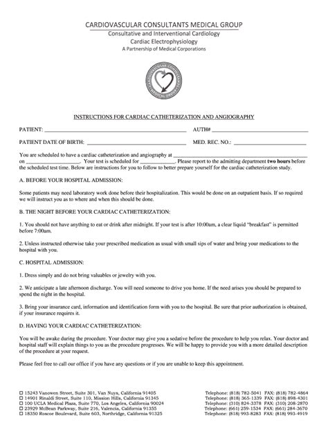 Fillable Online INSTRUCTIONS FOR CARDIAC CATHETERIZATION AND