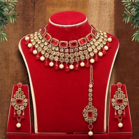 Red Gold Color Kundan Necklace Set NB5033 Nazon Brand