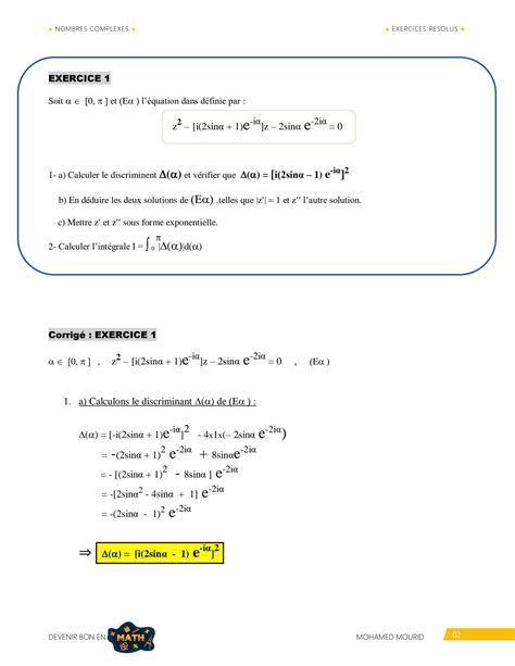 SOLUTION Nombres Complexes Exercices corrigés Niveau BAC Studypool