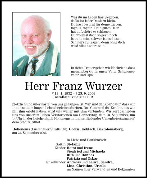 Todesanzeigen Von Franz Wurzer Todesanzeigen Vorarlberger Nachrichten