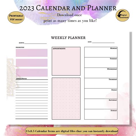 2023 Planner Year At A Glance Calendar Monthly Printable Etsy