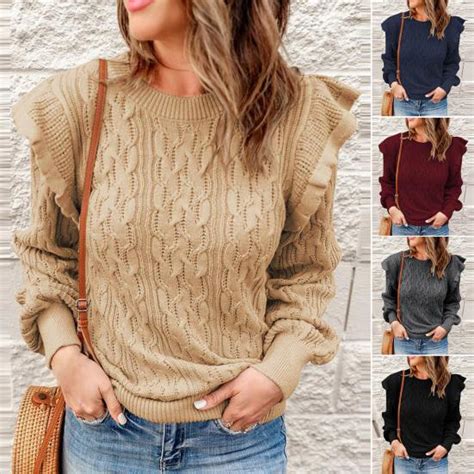 Satın Alın O Neck Flying Shoulder Long Sleeves Ribbed Trim Pullover