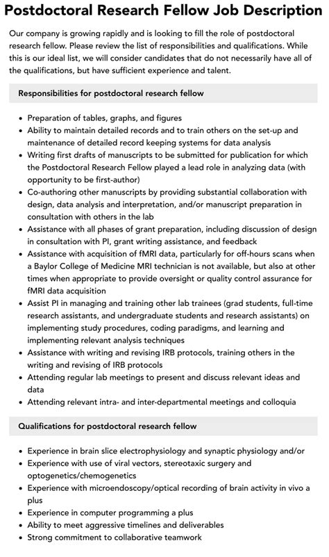 Postdoctoral Research Fellow Job Description Velvet Jobs