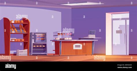 Empty Bakery Shop Interior With Furniture And Pastry Vector Cartoon