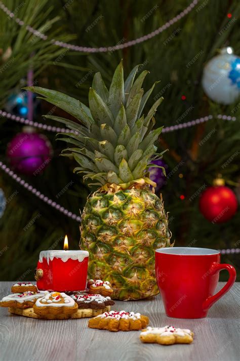 Premium Photo Pineapple Cup Of Coffee And A Fir Tree With Christmas