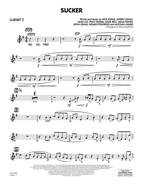 Sucker Arr Paul Murtha Bb Clarinet 2 By Jonas Brothers Sheet Music