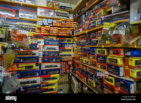 Boxes of Hornby model trains stacked up on sale in the 'The Albatross' traditional old-fashioned ...