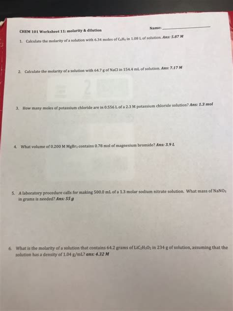 Molarity Practice Worksheet Science Chemistry Solutions