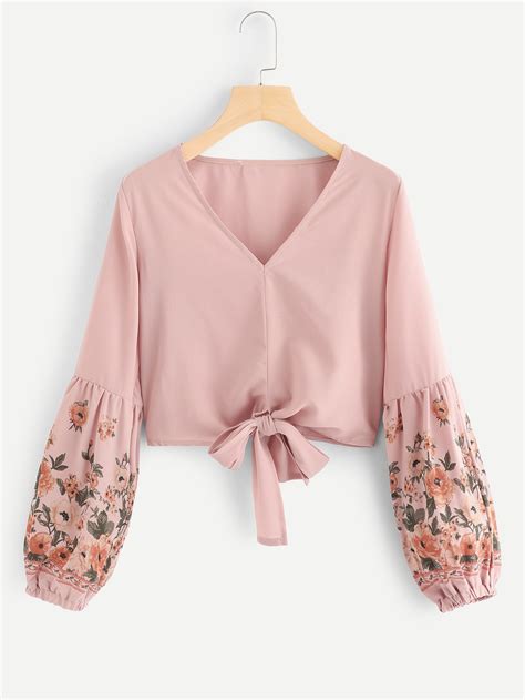 Floral Bishop Sleeve Knot Hem Blouse Shein Usa