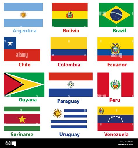 Flags of the 12 independent countries of South America in alphabetical ...