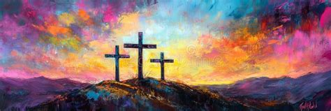 This Beautiful Oil Painting Depicts Three Crosses on a Hill at Sunrise ...