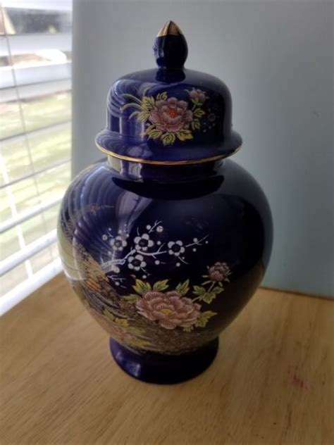 Japan Cobalt Blue Ceramic Ginger Jar W Lid Kutani Style Peafowl Peacock