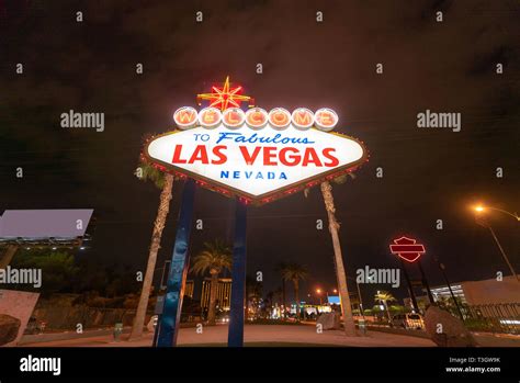 Famous Las Vegas Sign At Night In Las Vegas City Nevada USA Stock