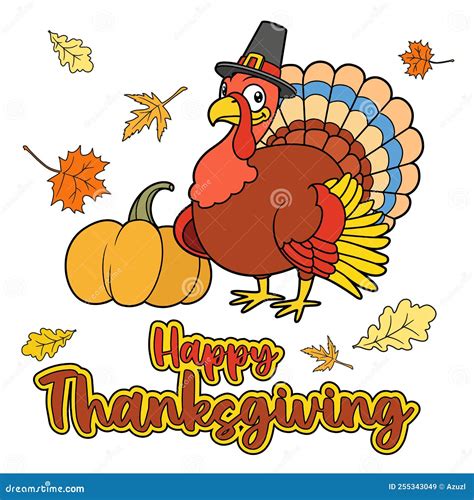 Cute Cartoon Turkey Wearing A Pilgrim Hat Wishes Happy Thanksgiving Day