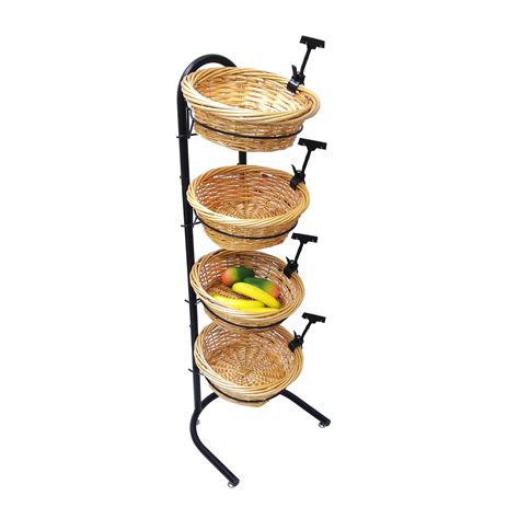 4 Tier Basket Stand Sign Clips Wicker Grocery Store Rack Display