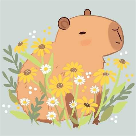 Cute Capybara With Yellow And White Daisy Flowers Illustration Drawing