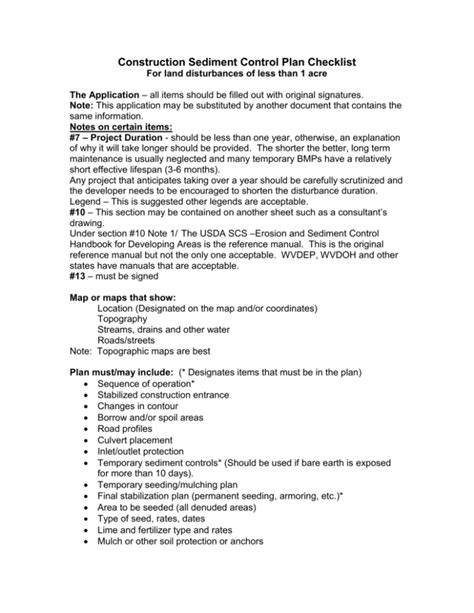 Construction Sediment Control Plan Checklist