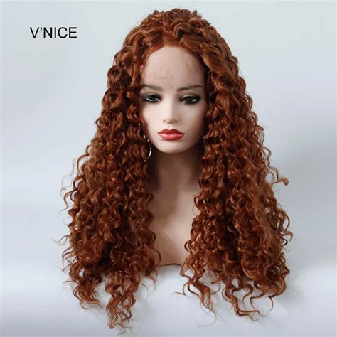 Vnice Medium Auburn Synthetic Lace Front Wig Gluesless Kinky Curly Natural Hairline Middle Part