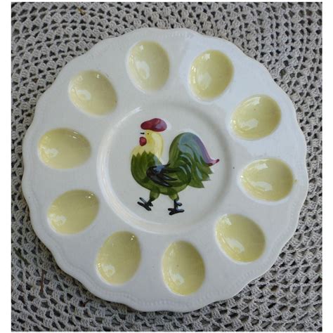 Hand Painted Devilled Egg Plate With Rooster Japan Plates Hand Painted Pottery Pieces