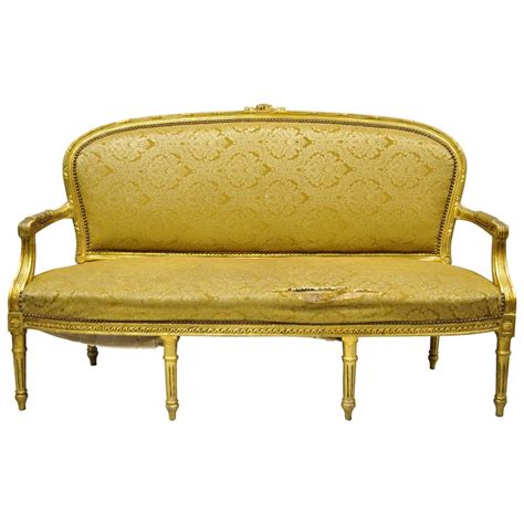 Vintage French Louis Xvi Style Gold Leaf 6 Leg Settee Loveseat Sofa For