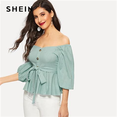 Buy Shein Sexy Green Off Shoulder Self Tie Waist