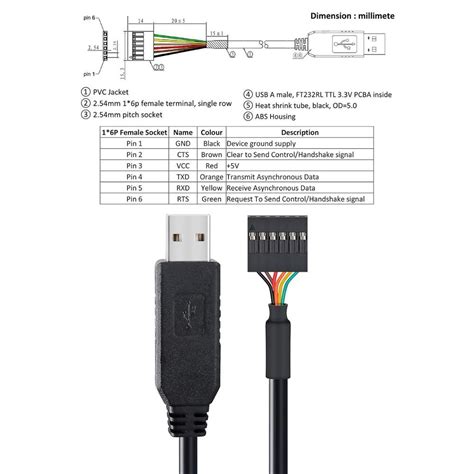 DTech FTDI USB to TTL Serial Adapter 3.3V Debug Cable 6 Pin Female ...