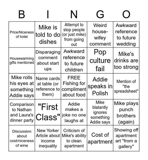 Dinner Party Bingo Card