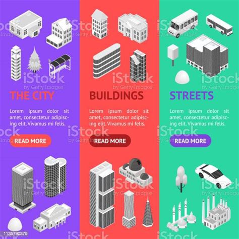 City Map Concept Banner Vecrtical Set 3d Isometric View Vector Stock