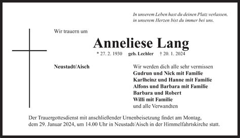 Traueranzeigen Von Anneliese Lang Trauer Flz De