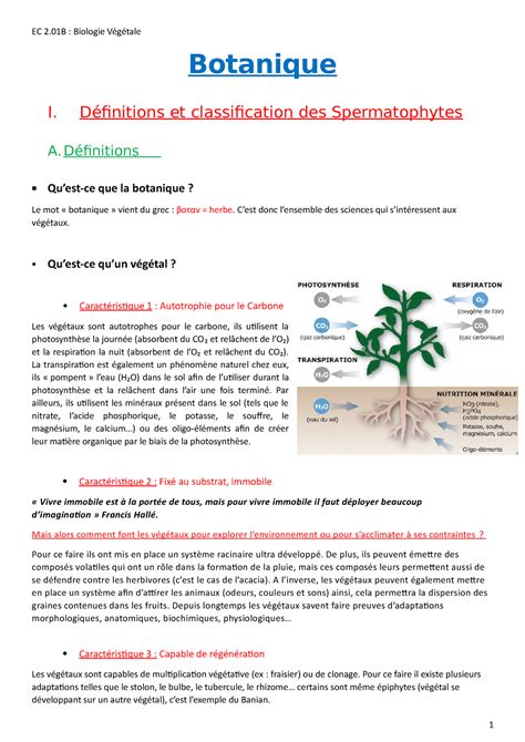 Botanique L1 SV ST S2 Botanique I Définitions et classification