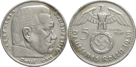 Drittes Reich 5 Reichsmark 1939 E Hindenburg Kursmünze 1936 1939 VF