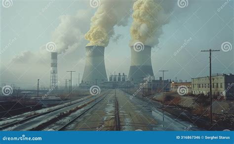 A Train Tracks Running Through A Factory With Smoke Coming Out Of The