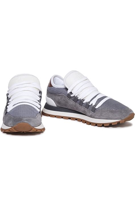 Gray Leather Trimmed Metallic Mesh And Suede Sneakers Sale Up To