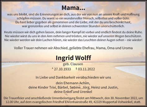 Traueranzeigen Von Ingrid Wolff Trauer Und Gedenken