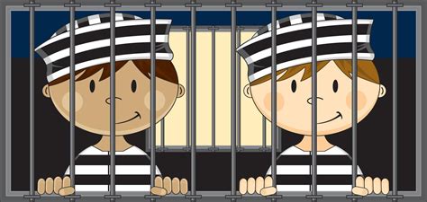 Cartoon Prisoners Wearing Classic Striped Prison Uniform In Jail Cell