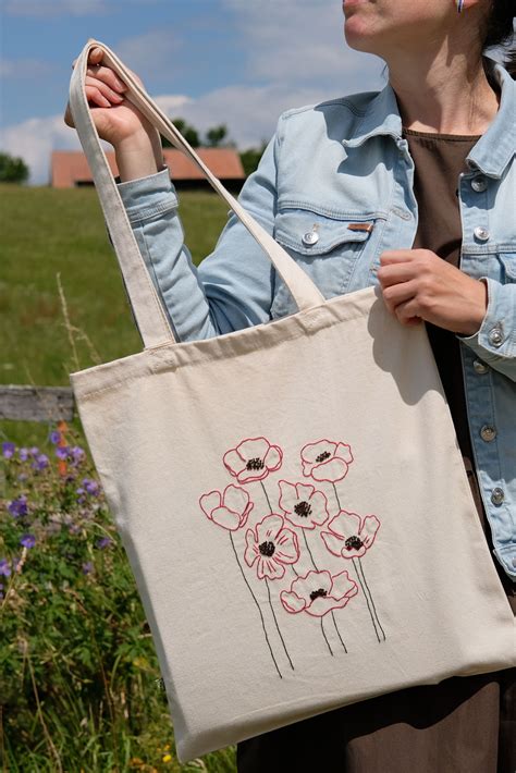 Hand Embroidered Canvas Tote Bag Flowers Poppies Eco Friendly Shopping