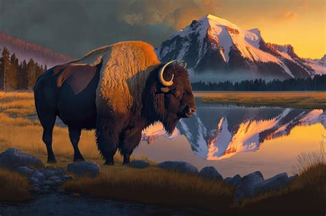 Premium Ai Image At Sunset A Bison Stands In The Grass In Front Of A