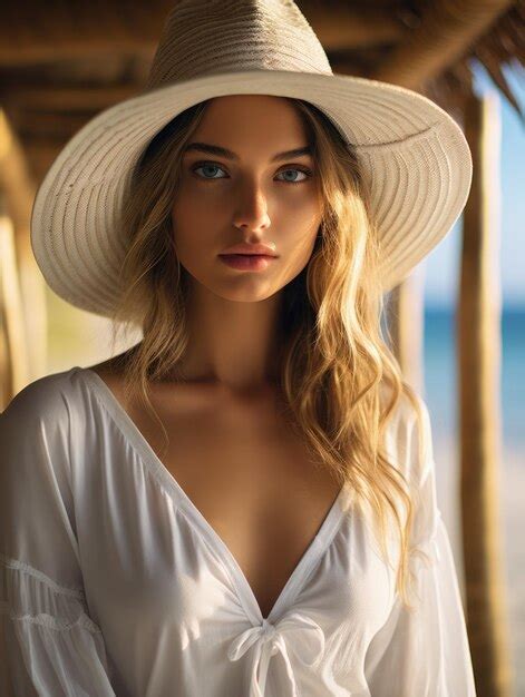 Premium Ai Image Hot Beautiful Girl In A Hat On The Beach