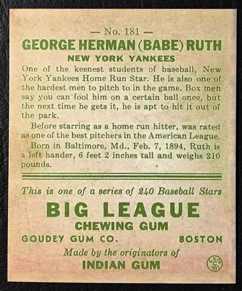 Goudey Babe Ruth Reprint Mint New York Yankees Sports